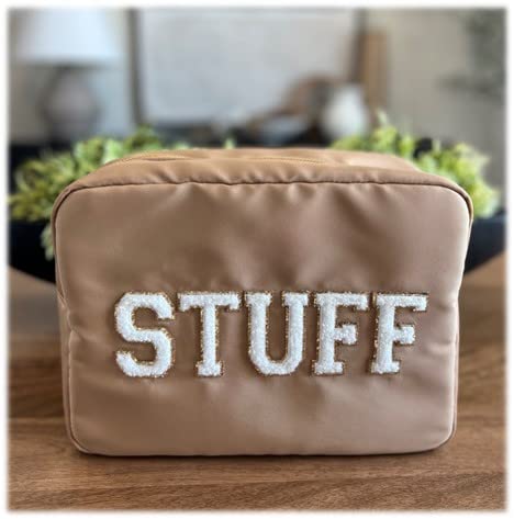 SkyTen Chenille Letter Make Up Bag Nylon Cosmetic Case Stuff Glam Stoney Clover Dupe Travel Organizer (Camel, X-Large)