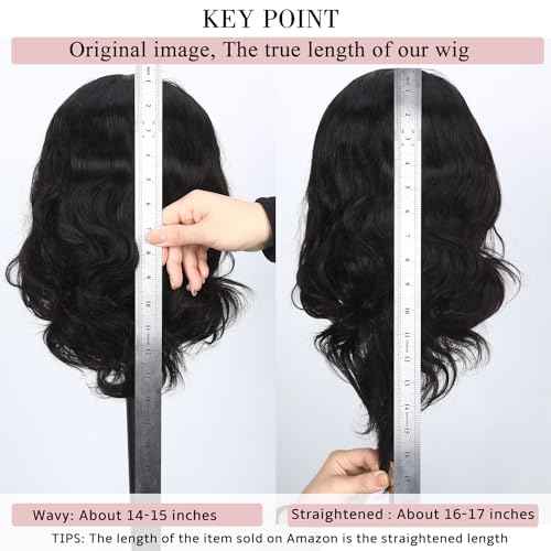 Fancy Hair Natural Wavy Human Hair Wig with Bangs Glueless Body Wave Brazilian Virgin Human Hair Wigs with Bangs for Black Women Natural Black 16 inches