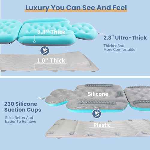 Luxury Bath Cushion, Full Body Bathtub Pillow with 160 Suction Cups, Bath Mat for Head and Neck Support, with Laundry Bag (Blue, 60.2" x 16.2")
