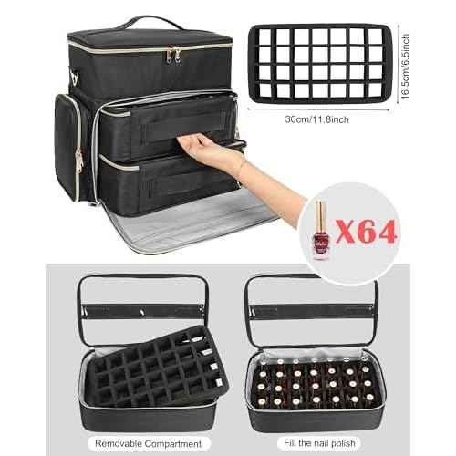 Nail Polish Organizer Case, Large Nail Polish Holder Hold 64 Bottles (15ml/0.5 fl.oz), Large Capacity for Nail Polish, Nail Lamp, Nail Art Accessories, 3 in 1 Storage Bags