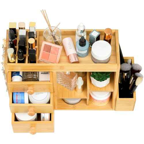Elsjoy Bamboo Makeup Organizer with 3 Drawers & 12-Grid Lipstick Holder, Desk Bamboo Vanity Jewelry Organizer, Countertop Cosmetic Storage Box Stand with Hooks for Hanging Jewelry