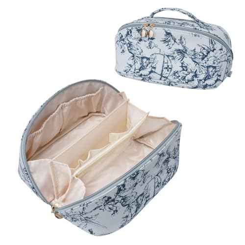 Large Capacity Cosmetic Bag for Women, Waterproof PU Leather Makeup Bag for Travel,Toiletry Bag Make up Organizer with Divider and Handle (Blue)