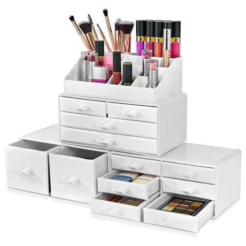 Sorbus Large Makeup Organizer - Stackable Jewelry & Makeup Organizer For Vanity, Bathroom Storage, Dresser - 12 Drawers Cosmetic Beauty Organizers and Storage with Lipstick, Makeup Brush Holder