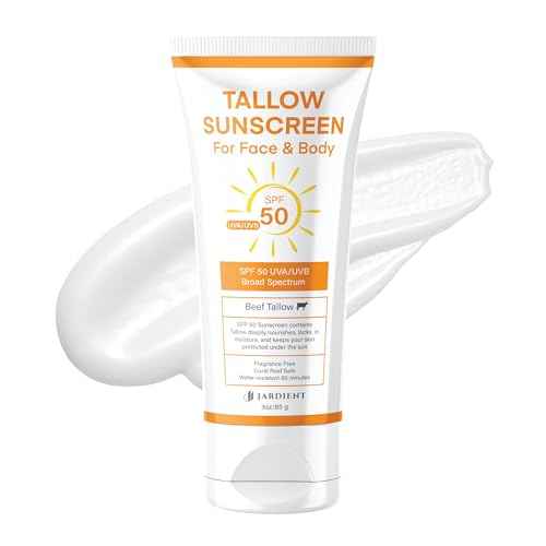 Beef Tallow Sunscreen SPF 50 with Mineral : Instant Sun Protection Non Nano Zinc Oxide Sunblock- Non Greasy Formula- Beach Jogging Outdoor Sports - 3 Fl oz, 85g