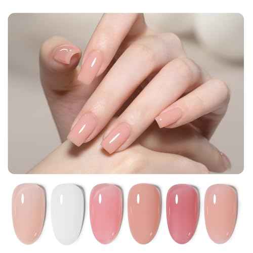 GAOY 6 Colors Rubber Base Gel Set, Jelly Builder Base Nail Gel Nude Sheer White Pink, 2-in-1 Soak Off Nail Strengthener, Blush Jelly