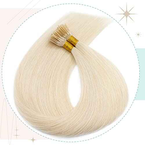 S-noilite Pre bonded I Tip Hair Extensions Human Hair Cold Fusion Stick Tip Real Human Hair Piece Invisible Keratin Glue Hair Extensions Full Head 100 Strands 50g 16 Inch (#60 Platinum Blonde)