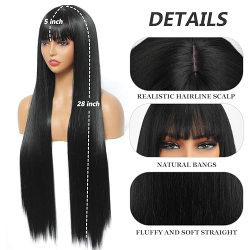 Civrie Black Wig Long Straight 28 inch Cosplay Wig for Women with Bangs Natural Hair Fiber Synthetic Wig, Perfect for Christmas, Parties, and Cosplay