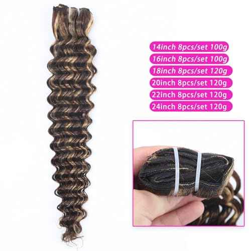 Curly Clip in Hair Extensions Real Human Hair 18inch 120g Invisible & Seamless 100% Brazilian Remy Human Extension Deep Wave Clip ins Extensions Double Weft 8 PCS with 20 Clips Highlight P427
