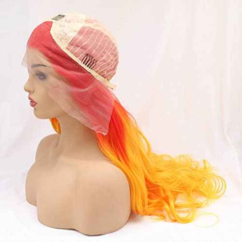 24" Bright Red Orange Ombre Color Wig Heat Resistant Synthetic Lace Front Wigs for Women Flame Red Female Cosplay Party Wigs Drag Queen