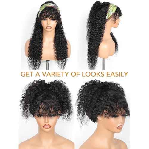 Ruiyu Curly Wig with Bangs Human Hair 2x4 HD Lace Closure Wear and Go Glueless Wig Water Wave Wigs with Bangs for Black Women 180 Density 100% Brazilian Virgin Human Hair 18 Inch