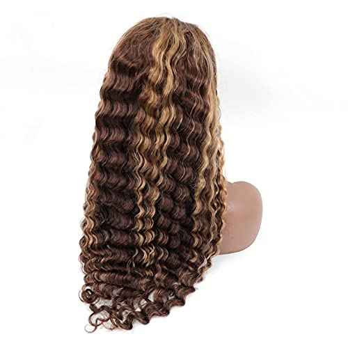 BLY Highlight Human Hair Lace Front Wigs Deep Wave #4/27 Ombre Colored Glueless Wigs Pre Plucked 22 Inch 4x4 Transparent Curly Water Wave Lace Wig Honey Blonde Real Human Hair 180% Density