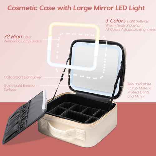 Makeup Bag with Mirror | Partitionable Professional Makeup Organizer | Large Travel Makeup Bag for Women | Cosmetic Case for Daily & On-the-Go Use (Ivory)
