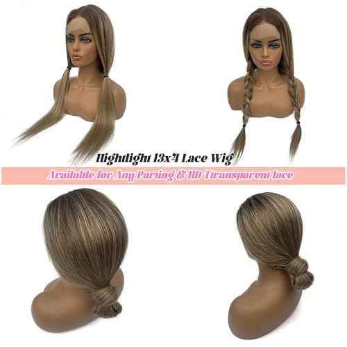 Brown Highlights 13x4 Lace Front Wig Human Hair,Brown with Blonde Highlights Mixed Colored Skily Straight Ombre Lace Front Human Hair Wigs Pre Plucked with Bleached Knots for White Women 24"(3T8P22)