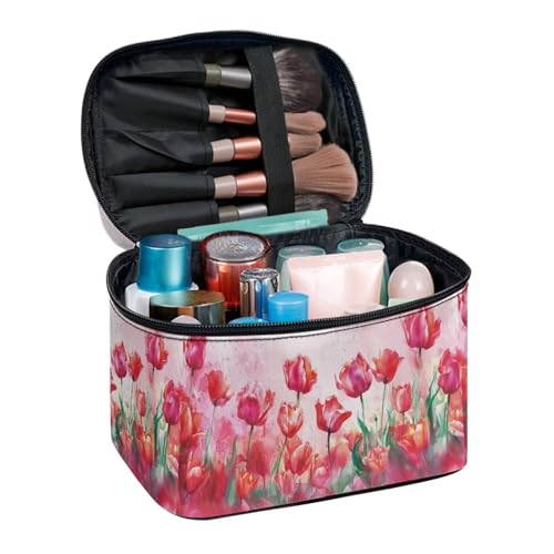 Biyejit Red Tulips Makeup Bag Large Travel Cosmetic Case Organizer Portable Storage Bag with Adjustable Dividers for Cosmetics Makeup Brushes Toiletry Accessories, Easy to Clean