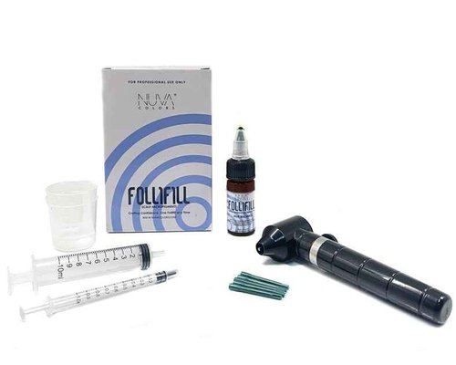 Nuva Follifill SMP Pigment & Cartridge Needle Kit – Deepest Scalp Micropigmentation Ink with Superior Retention, 15ml Bottle for 50+ Treatments, 20 Sterilized Needles, Mixer, Brown