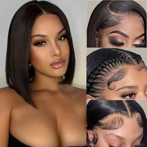 Bob Wig Human Hair 13x6 Frontal Lace Wig Short Straight HD Lace Front Bob Wigs for Black Women Human Hair Glueless Pre Plucked Hairline with Baby Hair 200% Density 14 Inch