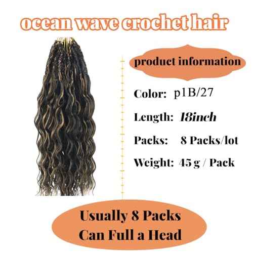 18 Inch Ocean Wave Crochet Hair 8 Packs - Synthetic Pre-Looped Deep Wavy Curly Braiding Hair for Black Women, Boho Style Hair Extensions (18inch,P1B/27-8 Packs)