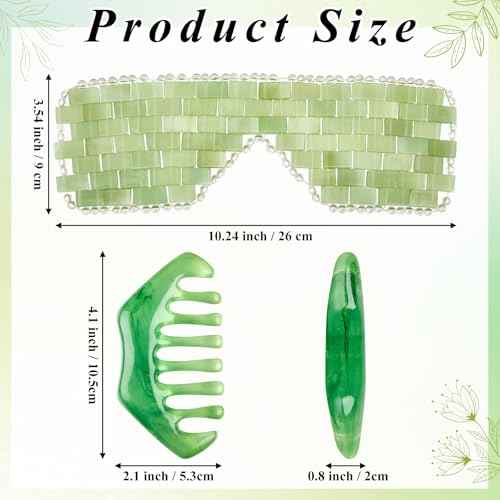 Hercicy 4 Pcs Jade Eye Mask and Hair Comb Set Green Jade Stone Eye Mask White Facial Cooling Set Guasha Scalp Comb Facial Massage Tool for Relax Alleviate Puffiness Esthetician Supplies