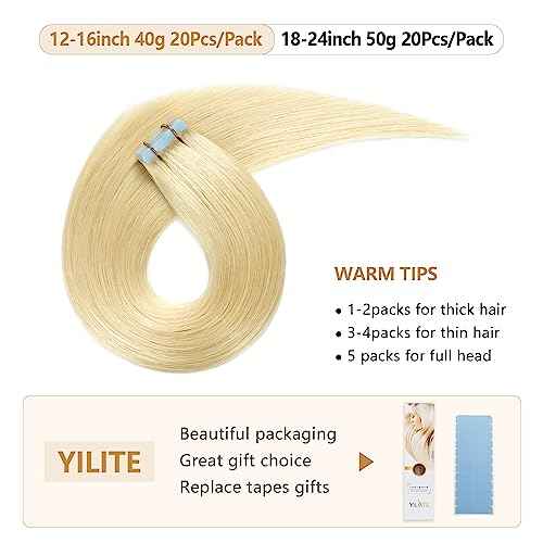 YILITE Tape in Hair Extensions Human Hair 24 inches 20pcs 50g Silky Straight Tape in Human Hair Extensions #613 Bleach Blonde(24Inch 613)