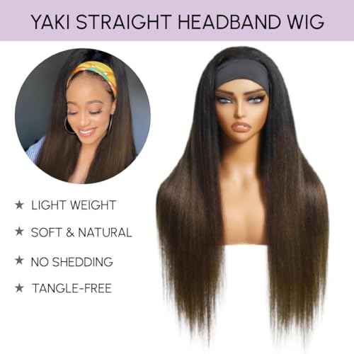 YIROO Headband Human Hair Wig Ombre Brown Yaki Straight Glueless Put on and Go Wigs with Dark Roots Drawstring Chestnut Brown 12A Highlight No Lace No Glue 30S Ready to Wear Headband Wigs 18Inch