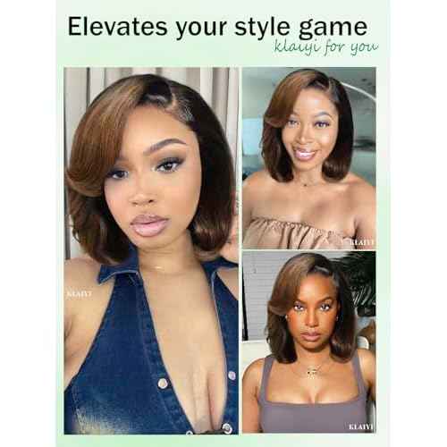 KLAIYI Ombre Brown Layered Bob Wig Human Hair Bye Bye Knots Glueless Wigs Pre Cut 7x5 Lace Front Pre Plucked Bleached Drawstring Ready to Wear and Go Wig with Dark Roots Chestnut Brown Straight 12Inch