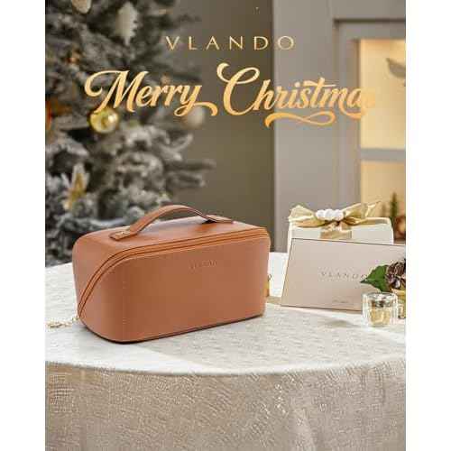 Vlando Makeup Bag,Large Capacity Travel Toiletry Bag,Cosmetic Bags for Women PU Leather Waterproof Portable Pouch with Divider & Handle-Brown