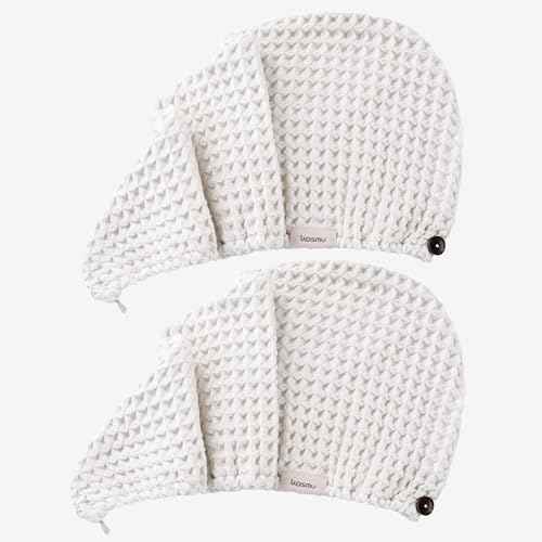 100% Organic Cotton Hair Drying Waffle Towel Wrap for Women | Absorbent & Quick Dry Head Turban for Wet Hair in Shower Sauna Spa, Extra Large for Long Straight Curly Plopping Button (White, 2 PACK)