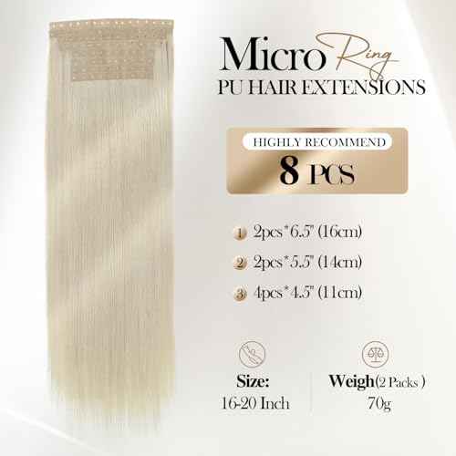 Micro Ring PU Hair Extensions Remy Human Hair Extension Platinum Blonde Glueless Skin Weft Human Hair Extensions PU Invisible Tape in Hair Extension for Women (70g 8Pcs,20 Inch)
