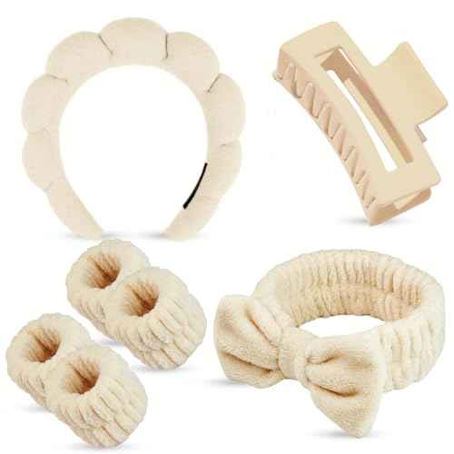 7 Pcs Spa Set, Facial Headband and Wristband Set, Skincare Accessories, College Style Girl Idea Gifts, Hair Accessories for Women and Girls (Khaki)