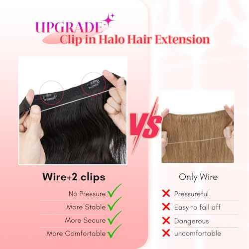 Rich Choices Halo Hair Extensions Real Human Hair Wave Invisible Wire In Hair Extensions Remy Human Hair Clip in Hairpiece One Piece 18 Inch #1B Natural Black