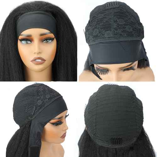 Kinky Straight Headband Wig 16 Inch Human Hair Headband Wigs for Black Women Glueless Yaki Straight Human Hair Headband Wigs Natural Black color