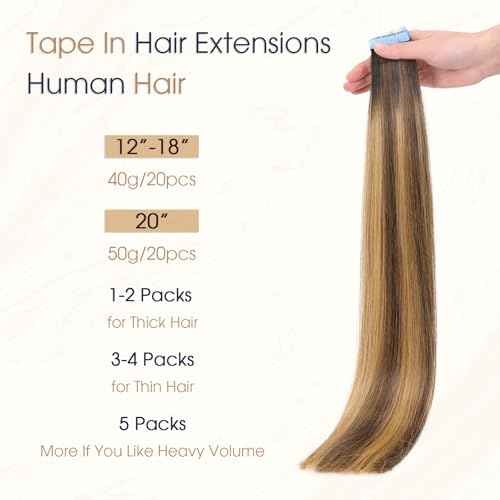 LADY MIRANDA Tape in Hair Extensions Human Hair 100% Remy Hair Extensions 20 Inch 20 Pcs 50g/pack Tape in Extensions Seamless Invisible Long Lasting Tape ins Hair Extension (T4/27, 20 Inch)