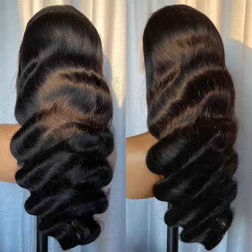 Body Wave Lace Front Wigs Human Hair 200 Density 13x6 HD Lace Frontal Wigs Pre Plucked Glueless Brazilian Virgin Human Wig with Baby Hair Body Wave wigs for Women Natural Black 24 INCH