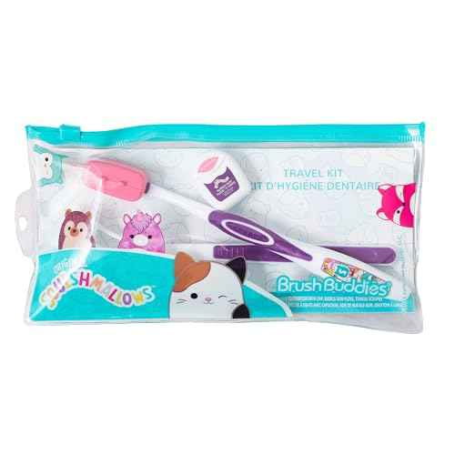 Brush Buddies Squishmallows Toothbrush Travel Kit, Dental Kit with Toothbrush, Tongue Scraper, and Floss