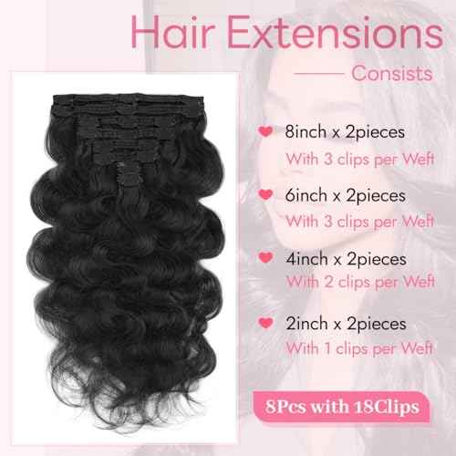 Clip in Hair Extensions Real Human Hair Body Wave 1B Natural Black Clip in 100% Brazilian Remy Human Hair Extensions 8pcs Per Set with 18 Clips Double Weft 20 Inch 105g/3.6oz