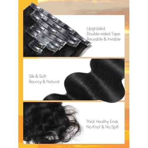 Caliee 16 Inch Body Wave Clip in Hair Extensions Real Human Hair Invisible Skin Weft Virgin Human Hair Soft 8Pcs 115G Natural Black Body Wave Clip ins Human Hair