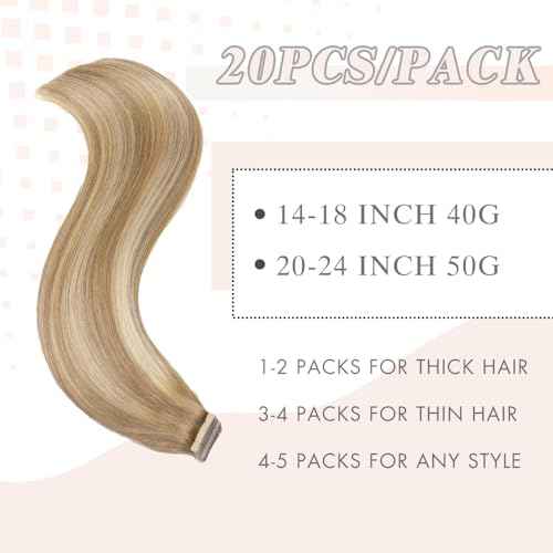 Tape in Hair Extensions Human Hair 24 Inch Balayage Medium Brown Mixed Dark Blonde Double Sided Tape for Skin Weft Hair Extension Invisible Tape in Hair Extensions Straight 20pcs (10/10/22#,24 Inch)