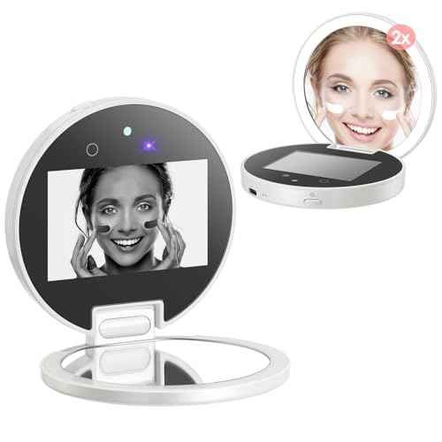 UV Camera for Sunscreen Test UV Mirror Sunscreen Camera, 3.8 Inch Rechargeable 2X Magnifying Vanity Mirror with Light Handheld Double-Sided Pocket Mirror for Skin Protection(White)
