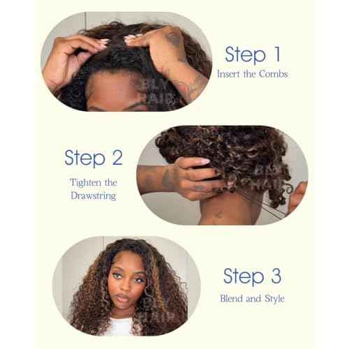 BLY Highlight Water Wave Half Wig Human Hair 3 in 1 Glueless Drawstring Flip Over Wear Go Wig for Women 1B 30 Color 180 Density Short Bob Wigs 12 Inch
