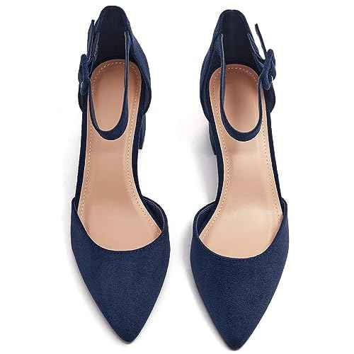 LAICIGO Women's Pointed Toe Pumps Ankle Strap Buckle Chunky Block Heel Dress D'Orsay Shoes