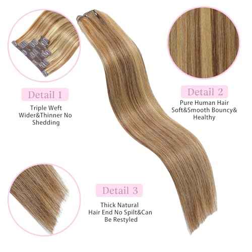 Clip in Hair Extensions Real Human Hair Chocolate Brown to Caramel Blonde 18 inch 7pcs 80g/Pack, Human Hair Clip in Extensions, Salon-Grade Quality, Easy Comfort Wear for Women (#P4/27, 18 inch)