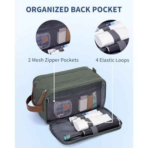 WANDF Toiletry Bag for Men Travel Toiletry Organizer Canvas and Leather Dopp Kit Water-Resistant Shaving Bag for Travel Accessories (Green, Medium)