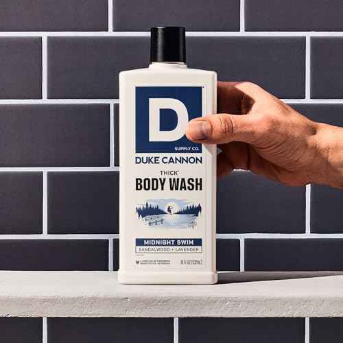 Duke Cannon Supply Co. Thick High Viscosity Body Wash - 3X Thicker, Cleansing Shower and Bath Gel, Mineral-Enriched Body Wash for Men - Sandalwood + Lavender - Mens Body Scrub - Midnight Swim (18 oz)