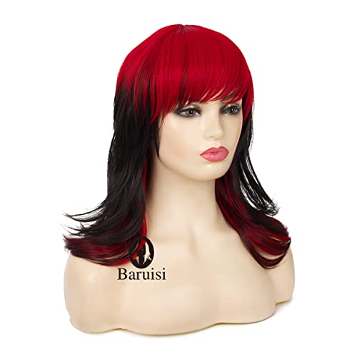 Baruisi Black Red Wigs for Women Shoulder Length Layered Shaggy Wig with Bangs Synthetic Halloween Cosplay Wig