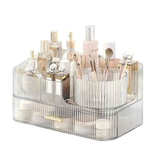 DASITON Makeup Organizer with Drawers and Rotating Makeup Brush Holder,Large Capacity Stackable Cosmetic Organizer Countertop,Bathroom Organizers and Storage,Make up Organizers for Vanity (Clear 02)