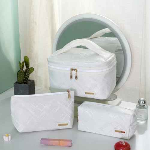 Richeart 3PC Makeup Bag Set, Cationic Jacquard Large Cosmetic Organizer, Back-Coated Solvent-Free Travel Toiletry Bag for Women - White