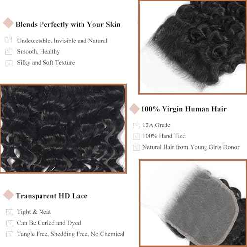 12A Human Hair Bundles with Closure-Deep Wave Bundles 16 18 20+14 Inch 5x5 HD Lace Closure Wet and Wavy Water Wave 100% Brazillan Virgin Deep Curly 3 Bundles Human Hair Quick Weave Bundles for Women