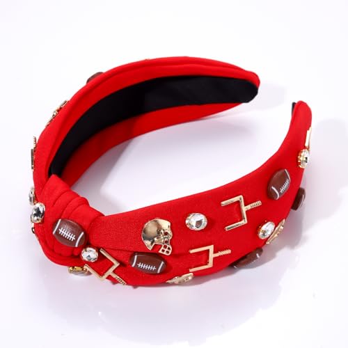 Football Headband for Women Football Accessories Beaded Football Rhinestone Crystal Knotted Headband Jeweled Embellished Game Day Top Knot Headband Football Mom Hair Accessories (A-Red Football)