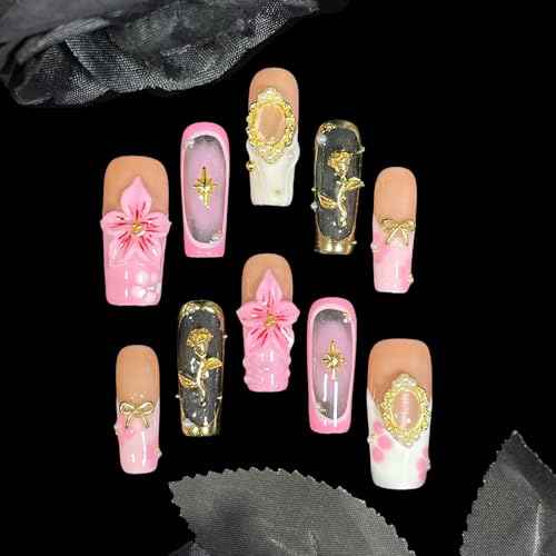 Handmade Press on Nails 3D Floral - Pink Nude Vintage Gold Rose & Pearl Design, Medium Long Square False Nails Reusable Acrylic Fake Nails (Mist Pink, M)
