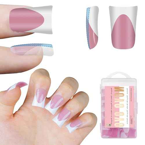 NOVO OVO French Tip Short Duck Nail Tips Press on, Pre-designed Soft Gel Nail Extension, BERRY PINK Pre-applied Tip Primer & Base Coat, Full Cover Matte Vrial False Nails for DIY x 12 Sizes 240 pcs